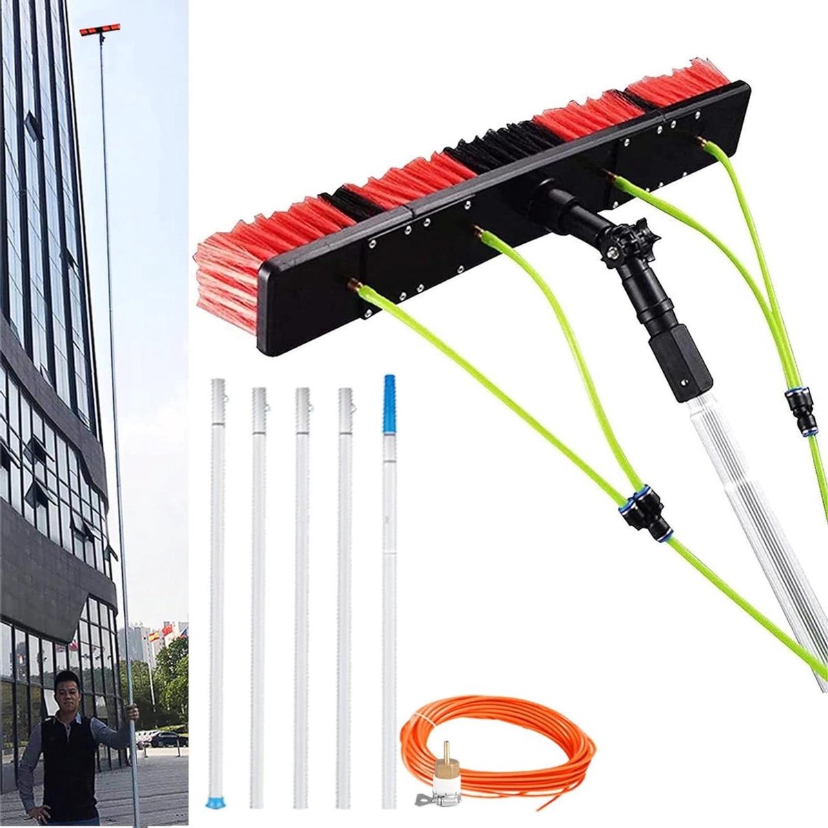 Glazenwasserset - Waterslang steel - Hoge ramen reinigen - Telescopisch en draaibaar - Tot 12 meter - Zilver