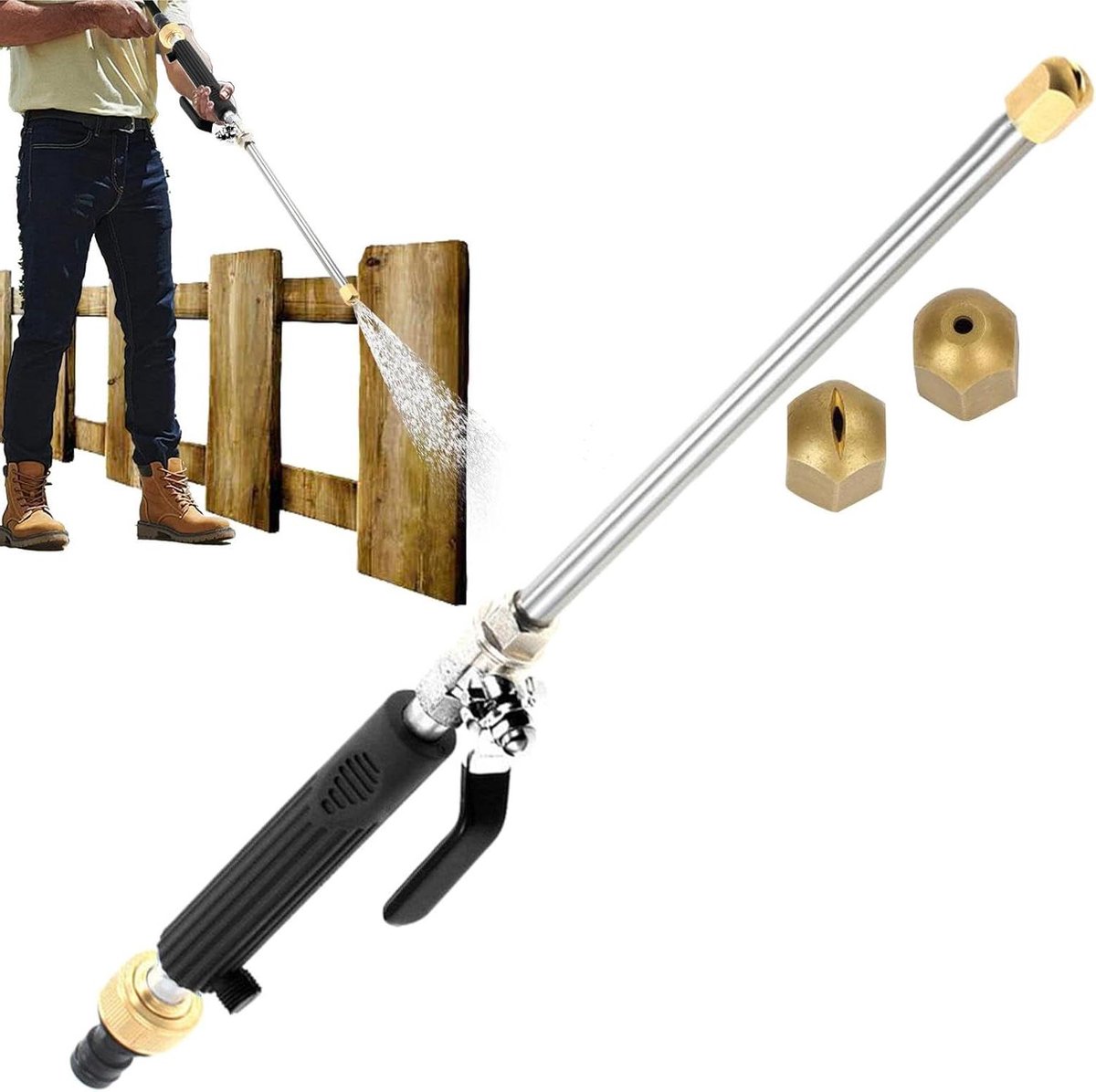 Hogedruksproeier - Waterslang mondstuk - Terras reinigen - Robuust en lekvrij - 47 centimeter - Zilver