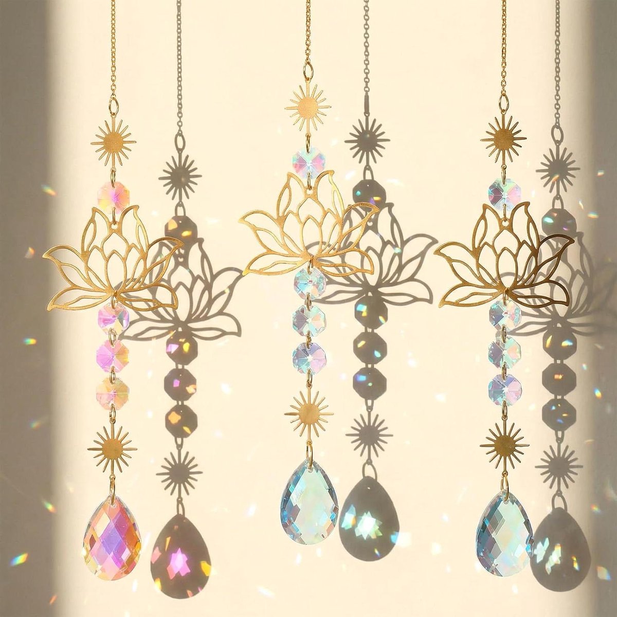Zonnevanger - Kristal prisma - Regenboog effect - Lotus bloem design - 3 stuks - Goud