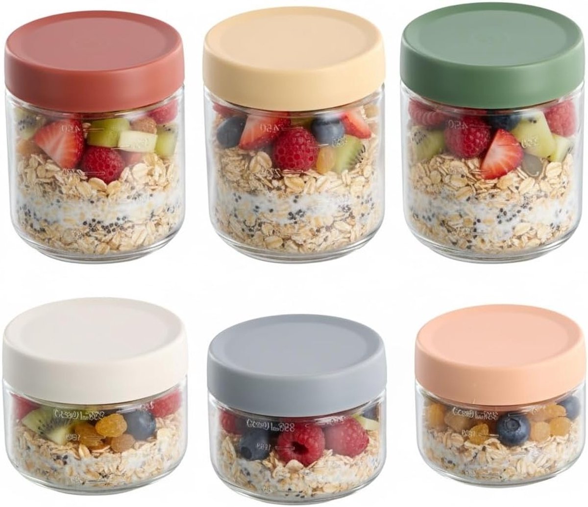 Set van 6 Herbruikbare Glazen Potten voor Overnight Oats, Yoghurt en Mermelade - 300 ml en 500 ml met Luchtdichte Deksel