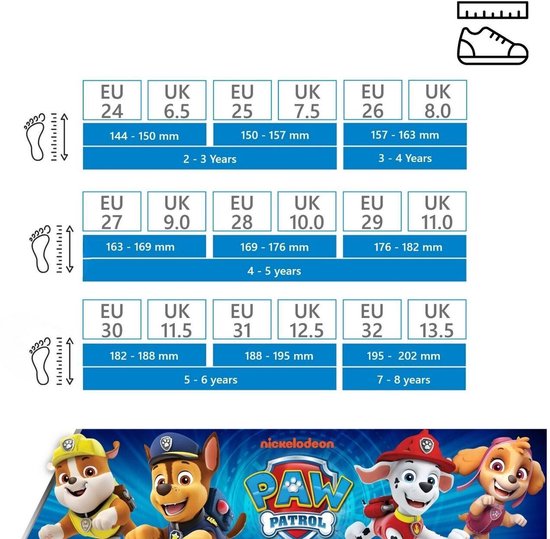 Maattabel voor kinderschoenen met EU en UK maten en leeftijdsindicaties.