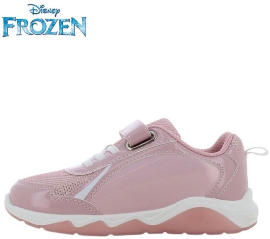 Roze glanzende Frozen sneaker met witte zool en klittenbandsluiting.
