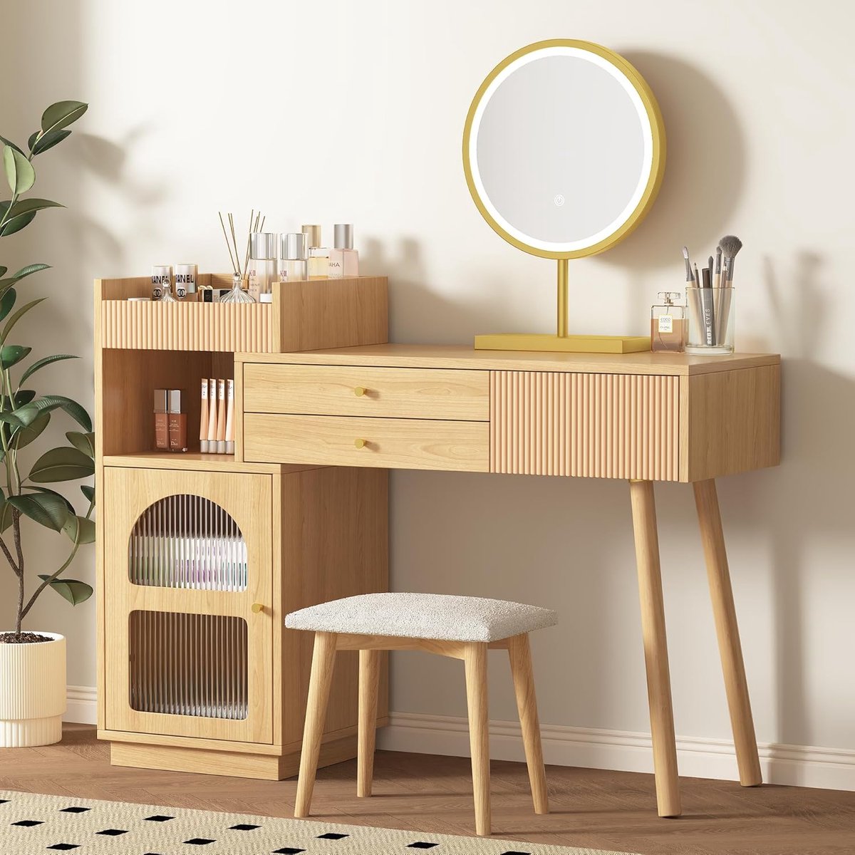 Kaptafel met Spiegel - Make-up Meubel - Slaapkamer Inrichting - Geïntegreerde Verlichting - 120x40x90 cm - Naturel