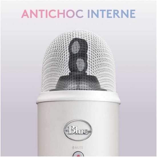 Close-up van een witte Blue Yeti microfoon met intern schokdemperontwerp. Tekst: ANTICHOC INTERNE.