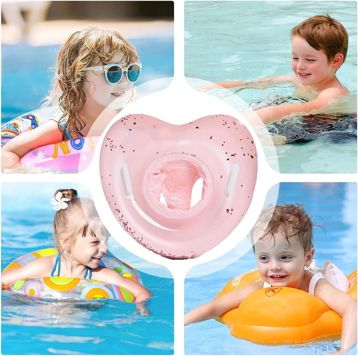 Opblaasbare zwemring - Baby zwemhulp - Veilig zwemmen - Hartvorm met handgrepen - 62 cm buitendiameter - Roze – foto 2