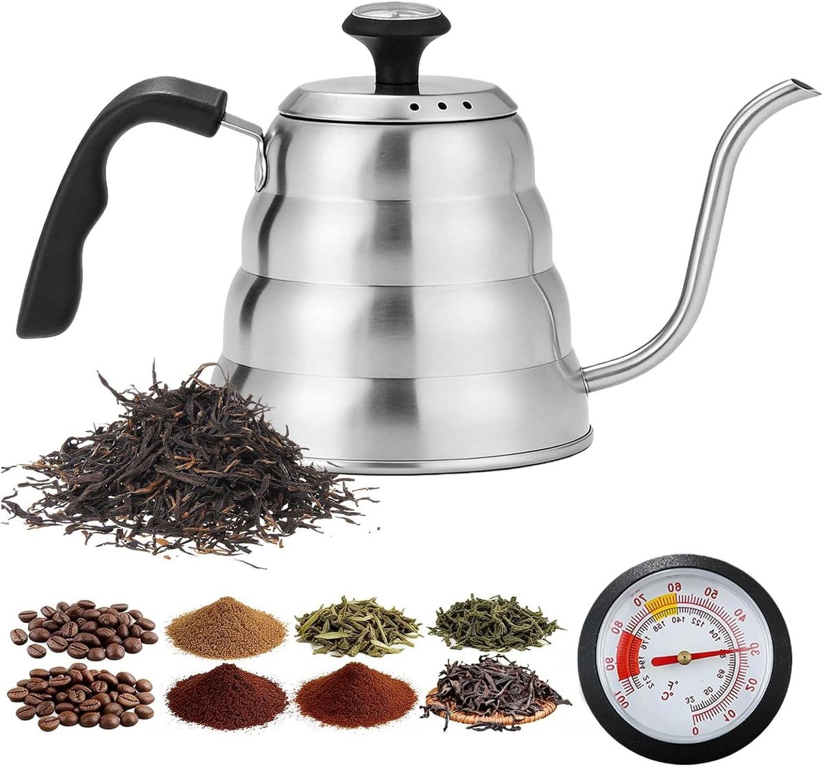 Waterkoker Zwanenhals - Koffiepot Lange Uitloop - Koffie Thee Zetten - Geïntegreerde Thermometer - 1 Liter - Zilver