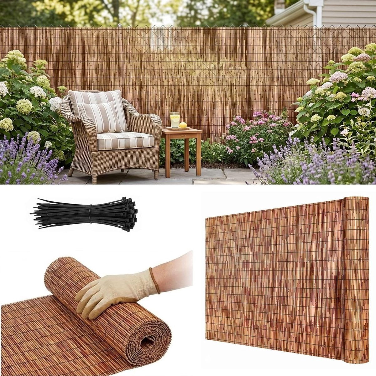 Buitenschutting Riet - Natuurlijk Scherm - Privacy Creëren - Inclusief Kabelbinders - H 180 x L 750 cm - Natuurlijk Bruin