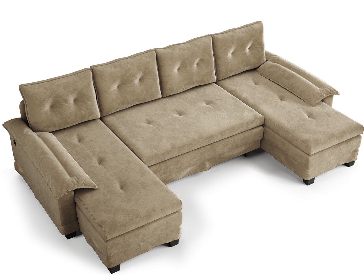 Merax U-Vormige Slaapbank Camelkleur - 4-Zits Modulaire Hoekbank met Uitschuifbaar Bed - USB Laadfunctie - Afneembare Armleuningen - Chenille