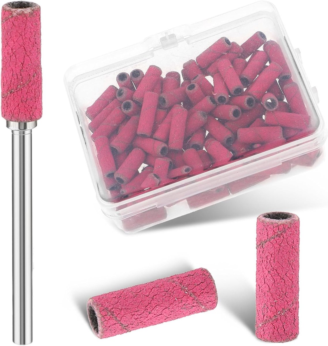 100 Stuks Schuurmoffen voor Nagels - 180 GRIT Kleine Schuurbanden voor Nagelboor met Opbergdoos en 1 Zilveren Nagelboor voor Professionele Nagelverzorging en Nagelkunst