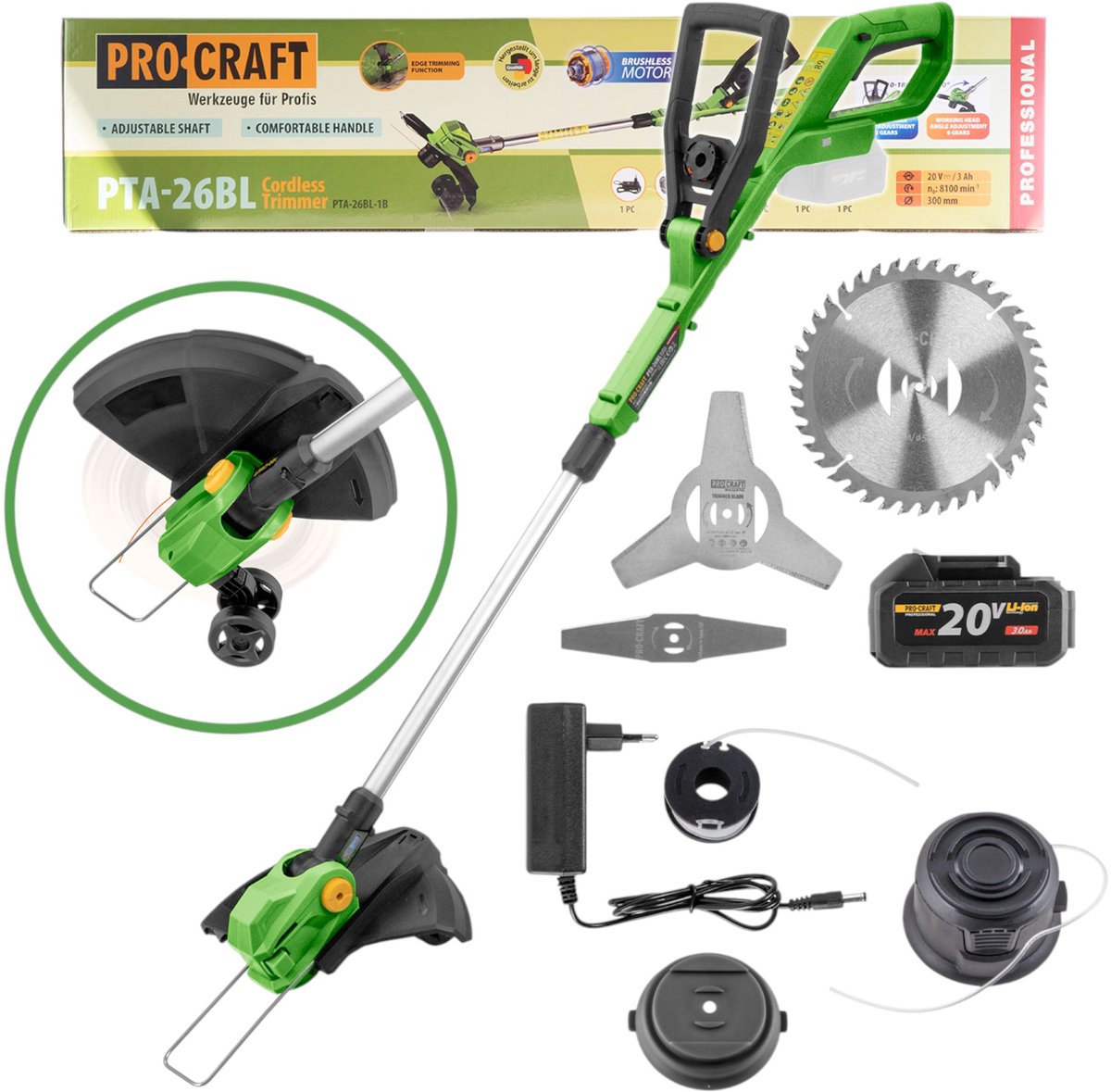 Procraft PTA-26BL accutrimmer 20 V 300 mm borstelloos + 1x accu 3,0 Ah + oplader