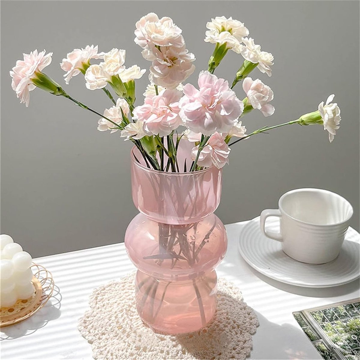 Drie-laagse kleurrijke glazen vaas voor hydroponische bloemen, 18 cm, decoratie voor huis, kantoor, bruiloft of feest, roze