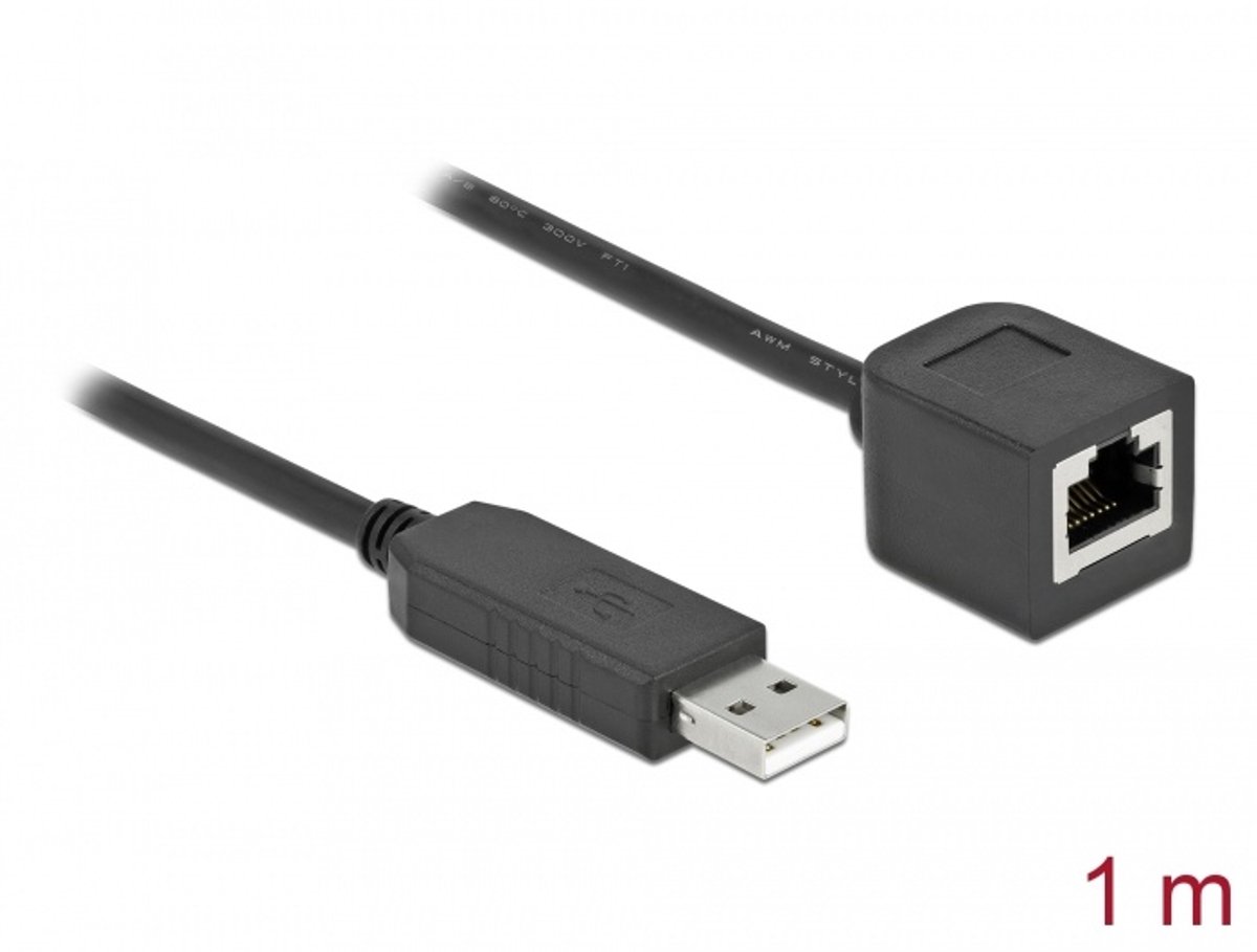 Seriële verbindingskabel met FTDI-chipset, USB 2.0 Type-A mannelijk naar RS-232 RJ45 Vrouw 1 M zwart