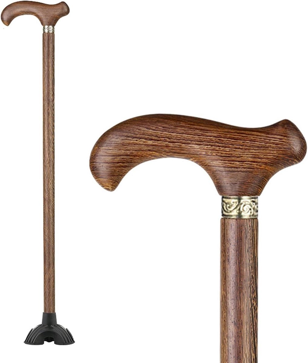 Houten Wandelstok - Massief Hout - Veilig Lopen - Vierpotige Basis - 85cm - Donkerbruin