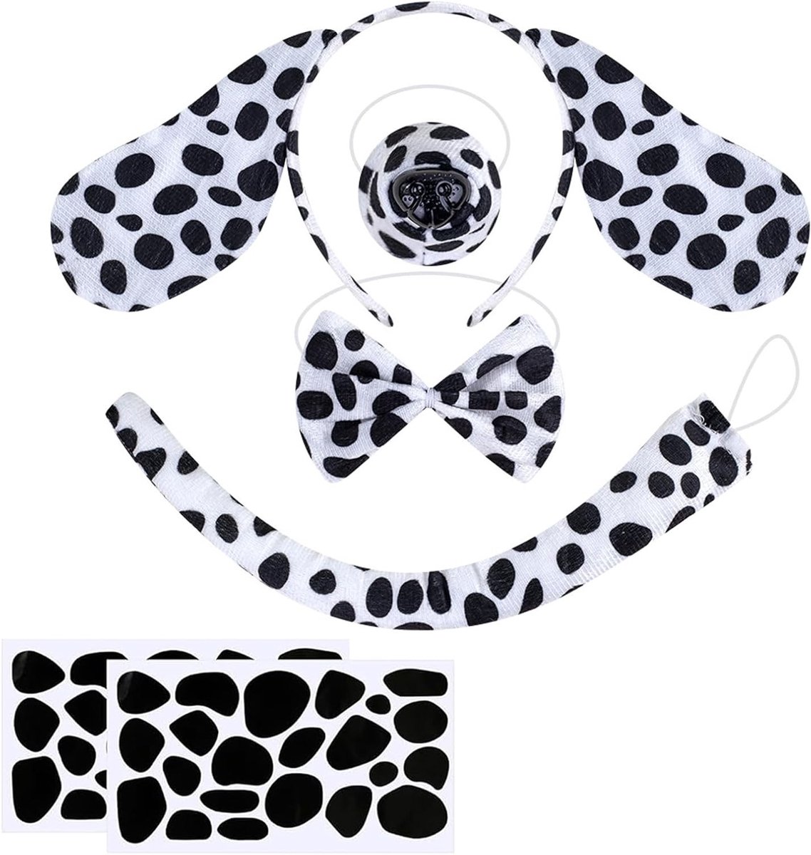 Dalmatian Kostuum Set met 6 Accessoires voor Kinderen en Volwassenen - Hoofdband, Strik, Staart en Zelfklevende Papieren Decoraties voor Halloween