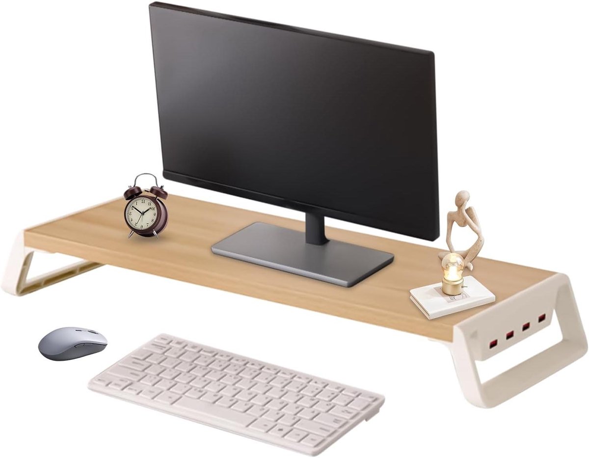 Bureau Organizer - Monitor Verhoger - Werkplek Inrichten - Met USB Poorten - 50 x 20 cm - Houtkleur Wit