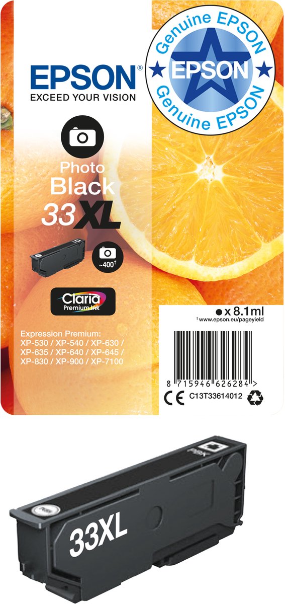 Epson Oranges enkelverpakking fotob zwart 33XL Claria Premium inkt