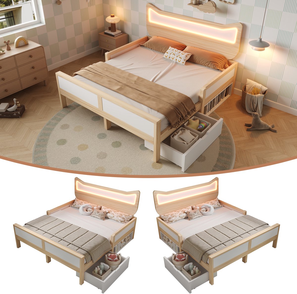 Clruro Kinderbed Tweepersoonsbed - 140x200 cm - Kattenoortjes en RGB LED - Lade en Opbergvak - Hout - Wit Eiken