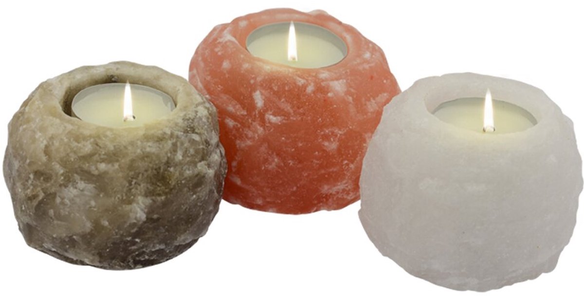 Himalaya Salt Dreams, set waxinhouders van zoutkristal ROCK-TRIO, Oranje, Wit en Grijs, 60024