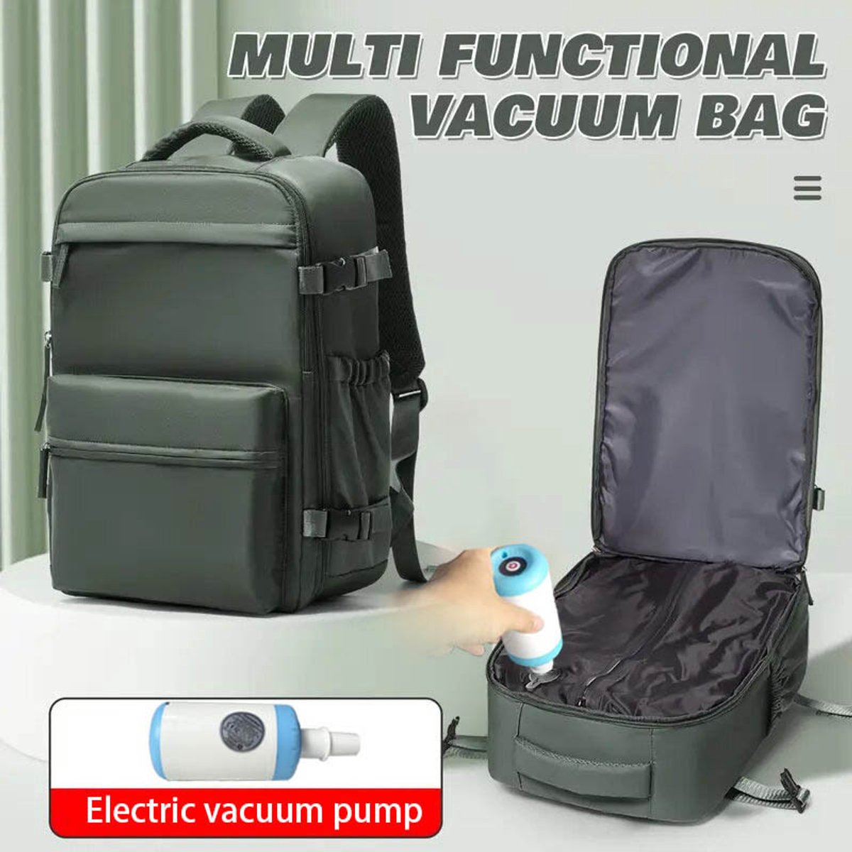 Vacuüm Rugzak – Reis Rugtas voor Vliegtuig – Vacuum Compressie – Neem 50% Meer Mee – Waterafstotend- Groen, elektrische pomp