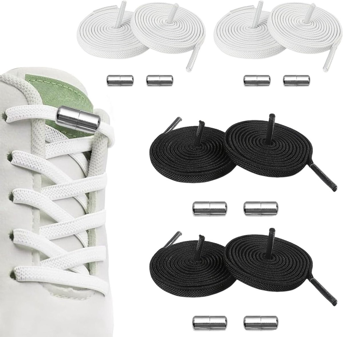 Set van 8 Verstelbare Elastische Veters zonder Knoop, Geschikt voor Sneakers, Wandelschoenen en Sportieve Schoenen - Zwart en Wit