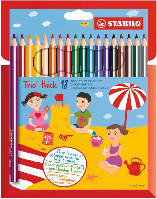Doos met 18 dikke, driehoekige kleurpotloden in heldere kleuren, met illustratie van spelende kinderen op strand