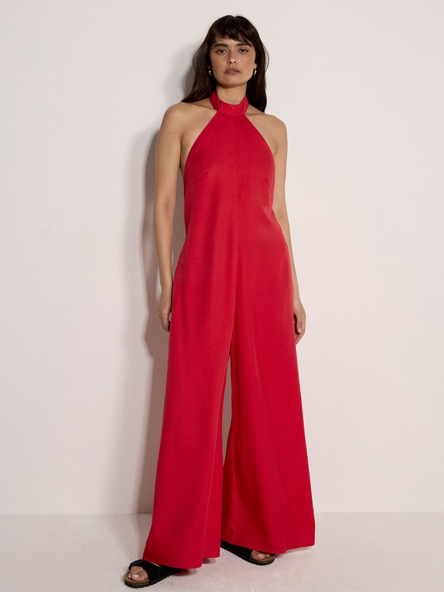 Jumpsuit met halternek en wijde pijpen