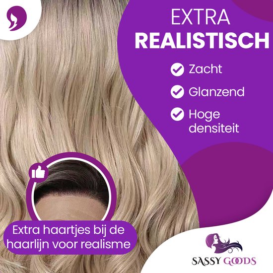 Gedetailleerde look van golvend blond haar met een realistische haarlijn en hoge dichtheid.