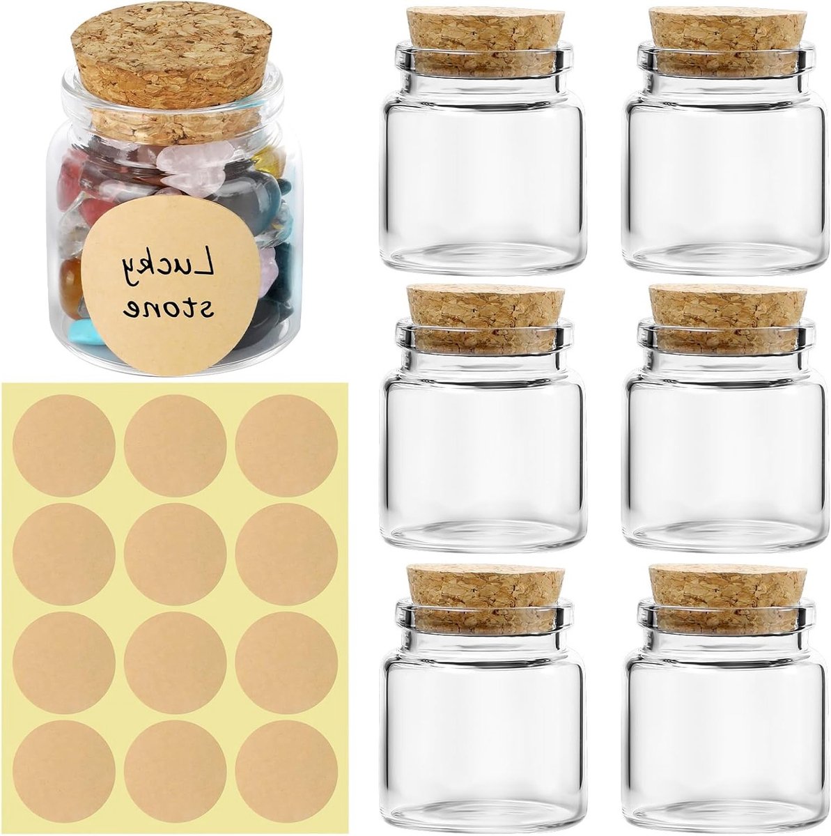 Mini Glazen Flessen met Kurk 50 ml - Set van 6 Kleine Jars voor Trouwen, Feestjes en Specerijen met Etiketten