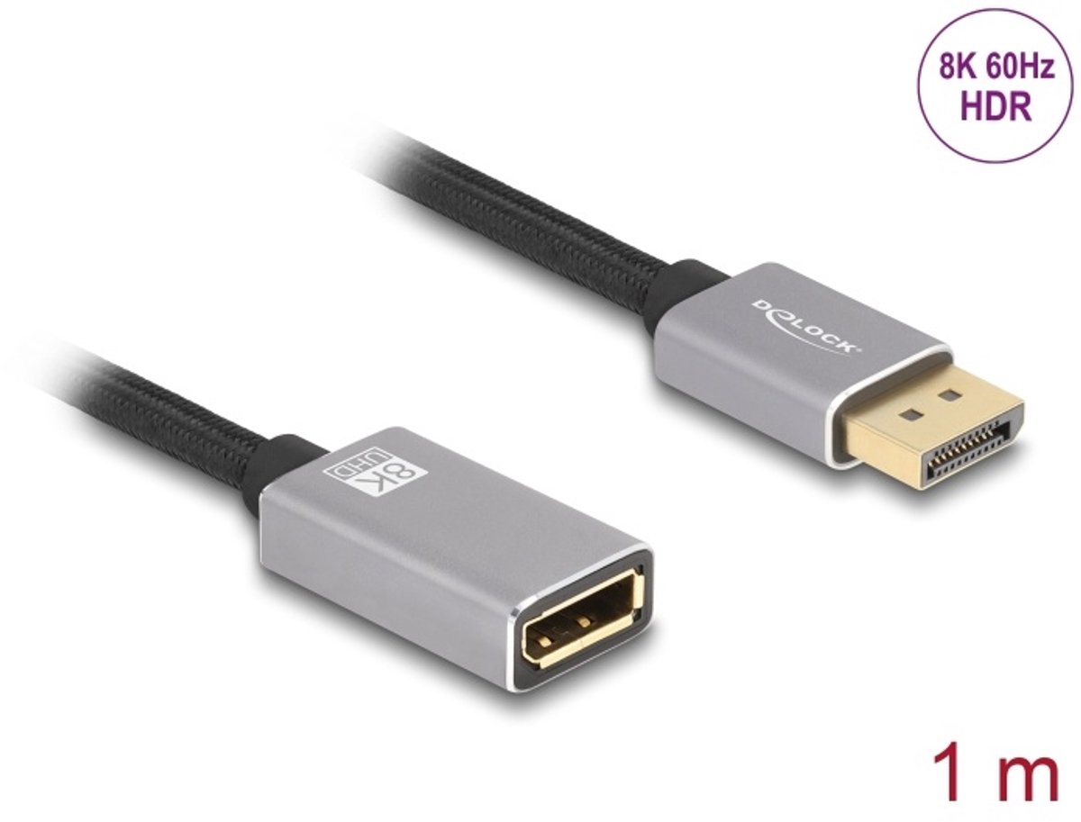 Delock DisplayPort extension cable 8K 60 Hz 1 m grey metal without latch