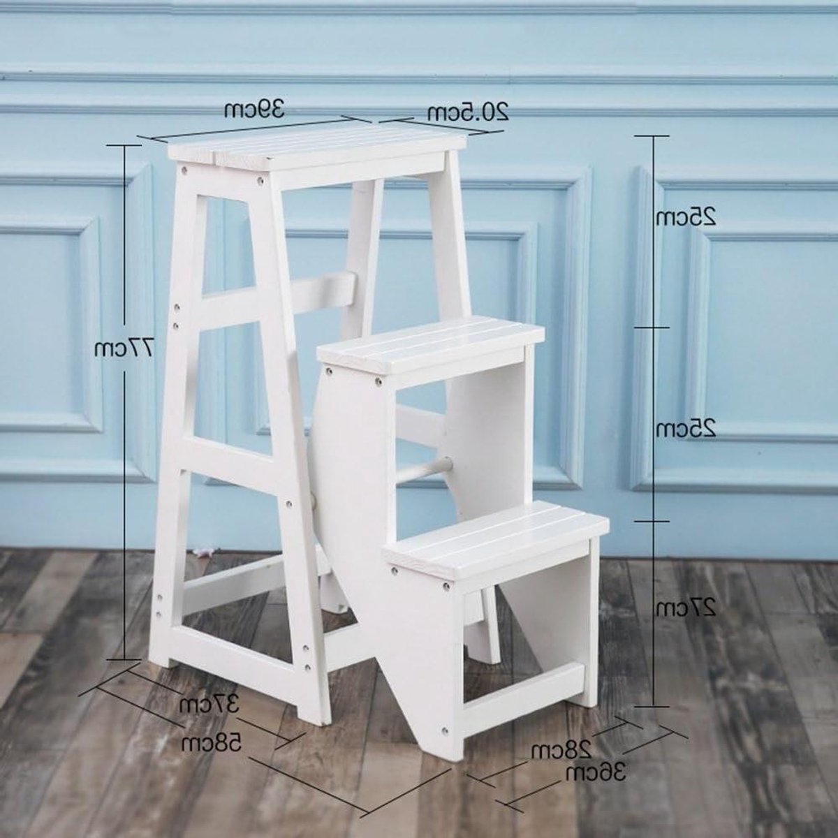 Houten Opstapje - Ladderkruk - Huis Organiseren - Opvouwbaar Ontwerp - 36x58x77cm - Wit