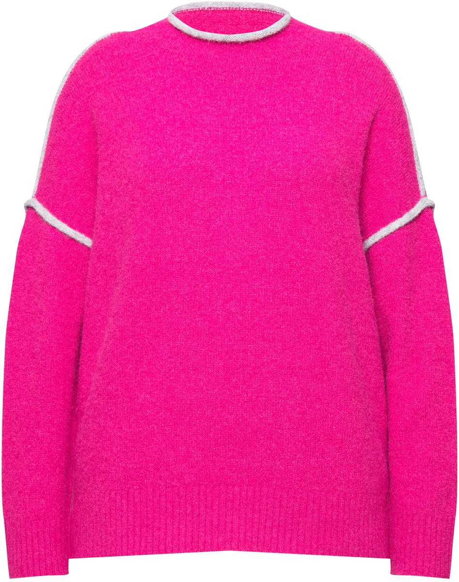 Ulla Popken - Dames - Trui sierstrepen oversized opstaande kraag lange mouwen - Rood roze - Maat 62+