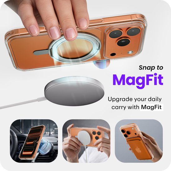 Snap to MagFit : coque iPhone orange avec anneau MagSafe, à côté d'un chargeur MagSafe et dans une voiture.