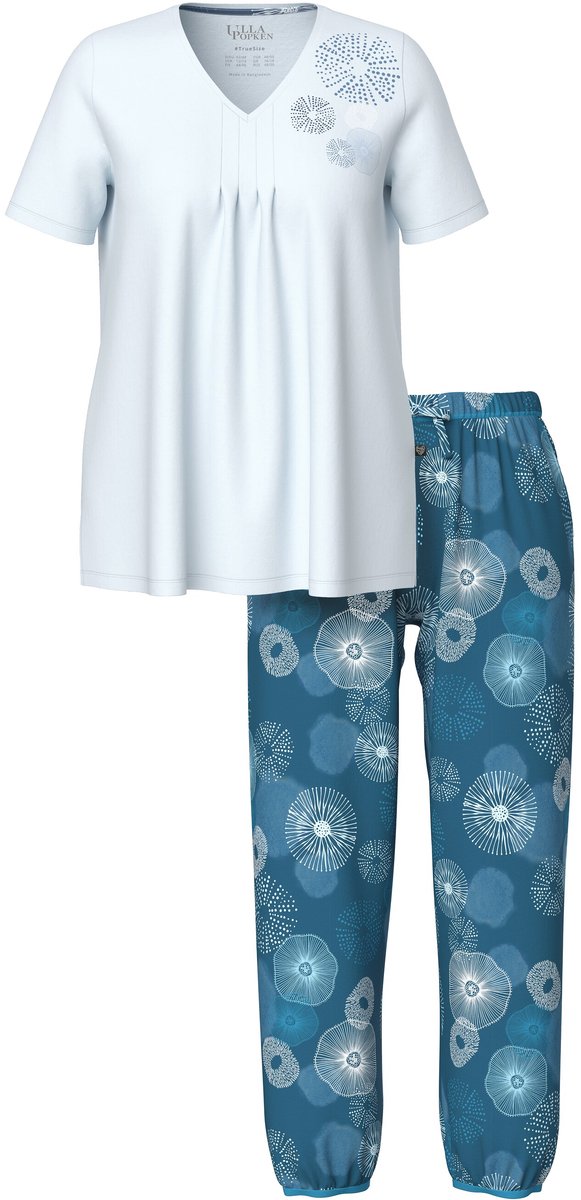 Ulla Popken Dames - Pyjama cirkels V-hals korte mouwen elastische zoom - Ijszeeblauw - Maat 46+