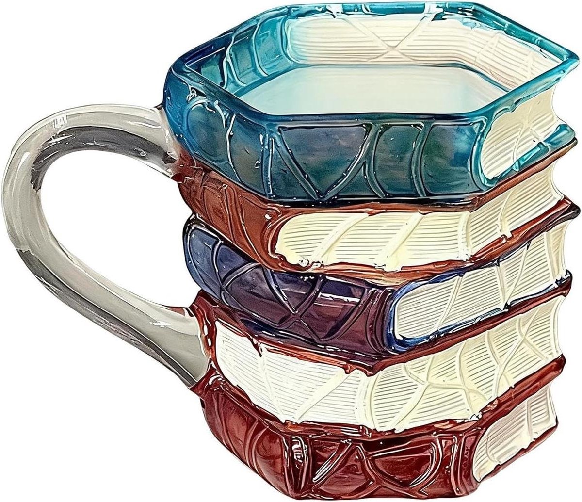 Boeken mok - Boeken glas - Koffie drinken - 3D gestapeld ontwerp - 200 ml - Gekleurd