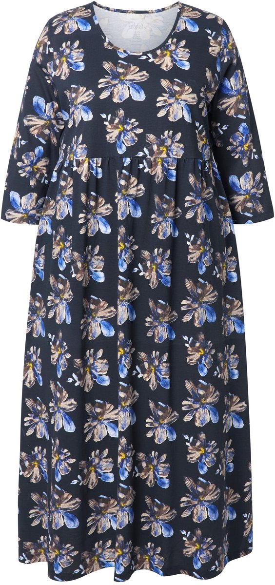 Ulla Popken Dames - Maxi-jurk bloemen ronde hals 3/4-mouwen zakken - Zwart - Maat 66+