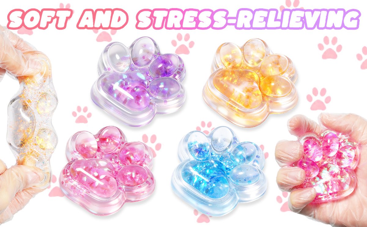 Happy Trendz® Cat Paw Squishy Fidget Toy – Transparant Glitter | Jelly | Super Squishy Kawaii Stressbal | 2 Stuks bekend van tiktok | Hype | Kattenpoot Hondenpoot - Must Have - 2 stuks geleverd mix multi color transparant