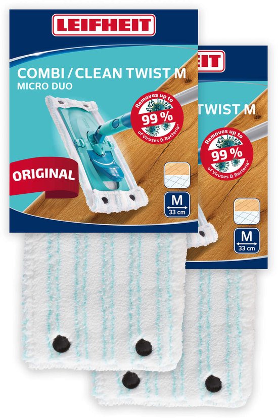 Emballage de deux housses de balai Leifheit Combi/Clean Twist M Micro Duo, blanches à rayures bleu clair.