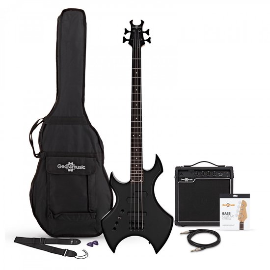 Complete set met zwarte basgitaar, versterker, tas, kabels en accessoires.