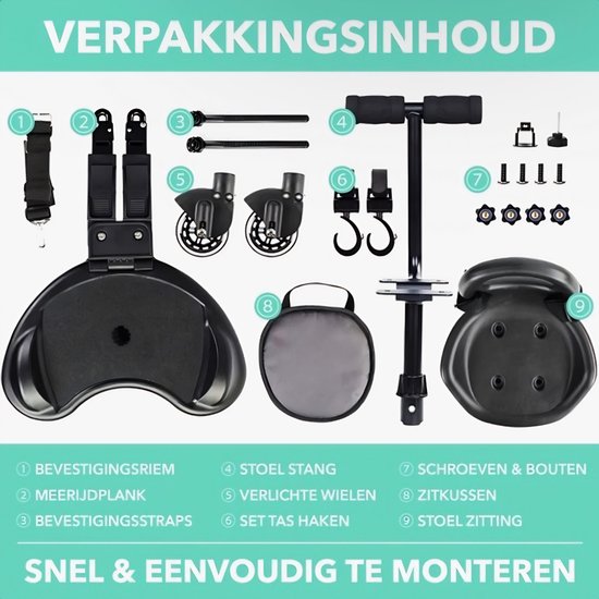 Havasta Universeel Meerijdplankje incl. 2 Gratis Tashaakjes - Geschikt voor Kinderwagen & Buggy - Meerijdplank met Zitje en Handgreep - Verstelbaar Wandelwagen Plankje van Merkloos — afbeelding 5