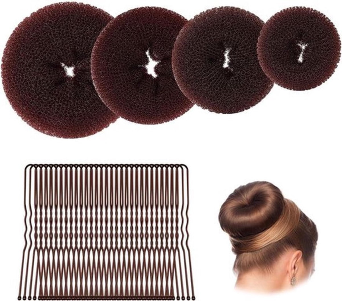 Hair Bun Set - 4 stuks donut haardonutmakerset met 20 stuks U-vormige haarspelden