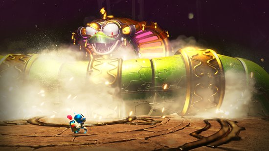 Astro Bot! Astro kijkt naar een grote slang met gouden versieringen.