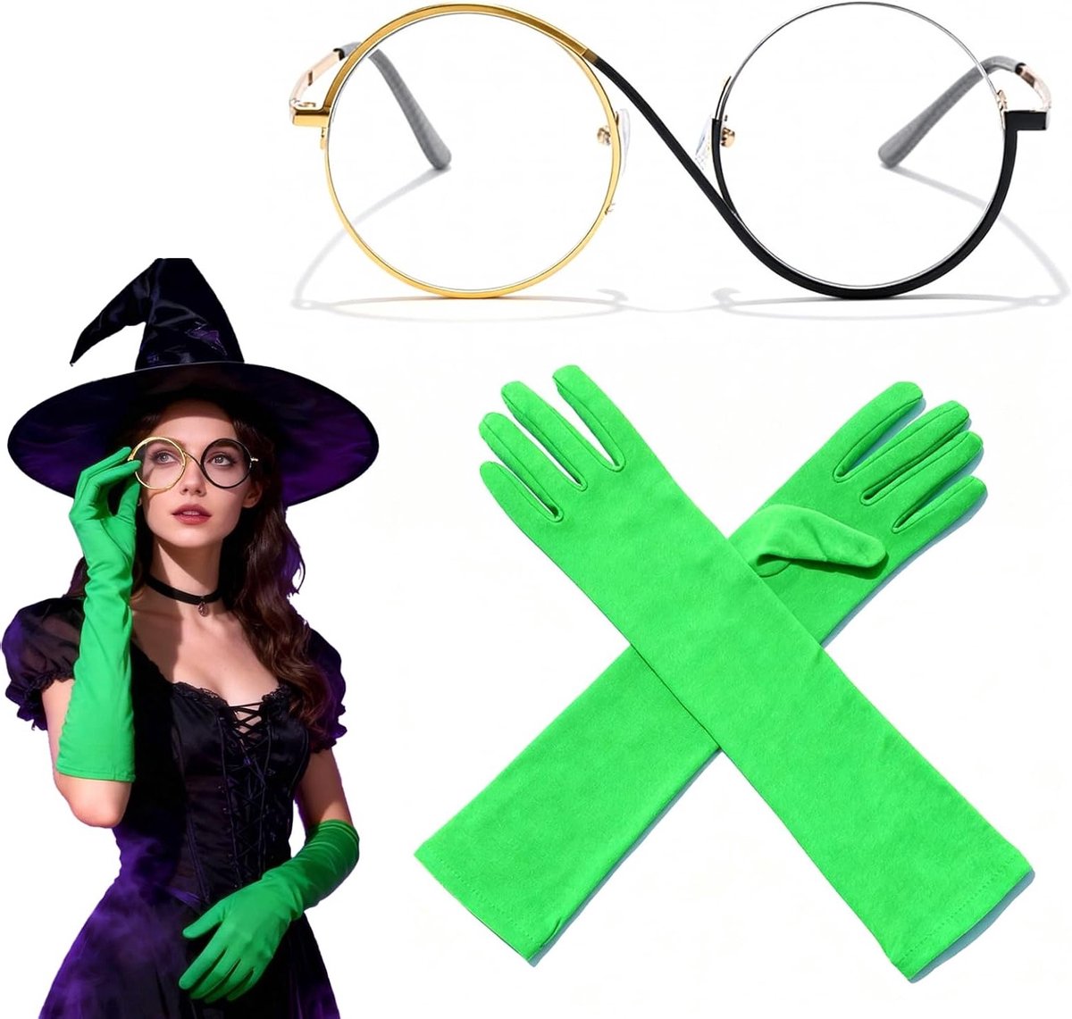 Groene Lange Handschoenen en Ronde Cosplay Bril voor Halloween, Carnaval en Kostuums