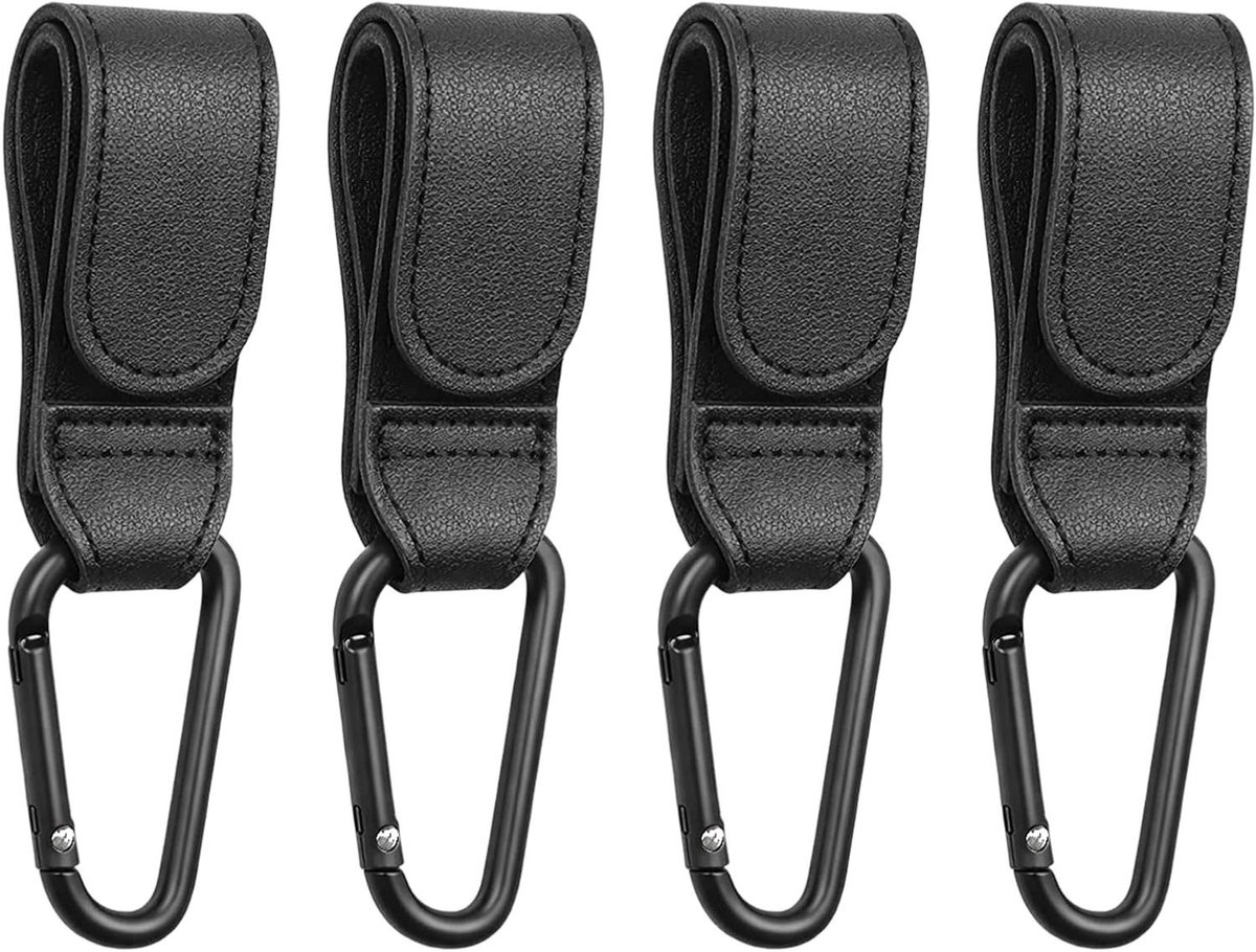 Kinderwagen Haken - Wandelwagen Clips - Tassen Meenemen - Verstelbare Klittenband - 4 Stuks - Zwart