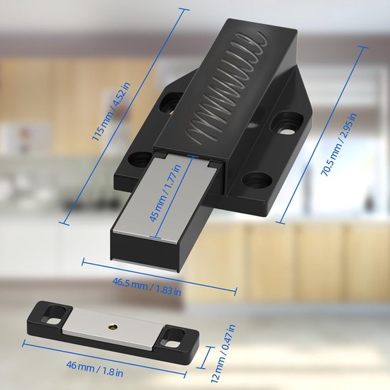 Zwarte magnetische druksluiting met afmetingen: 115 mm x 70,5 mm, 45 mm x 46,5 mm en 12 mm x 46 mm.