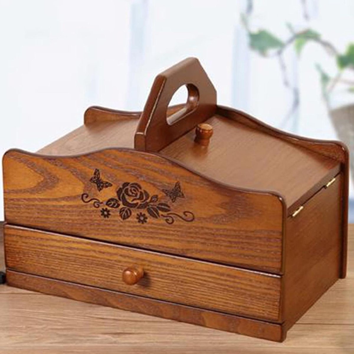 Houten Naaimand - Hobby Organizer - Naaispullen Opbergen - Met 2 Laden - 1 Stuk - Houtkleurig