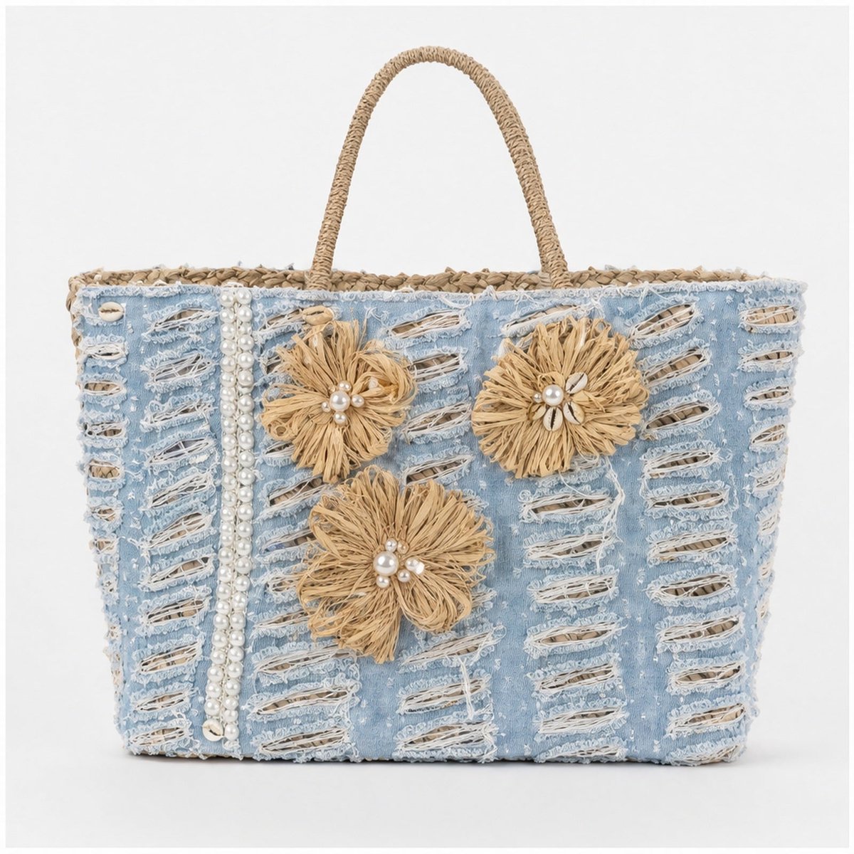 HS Grote Mand Handtas - Lichtblauw Naturel Bloemen