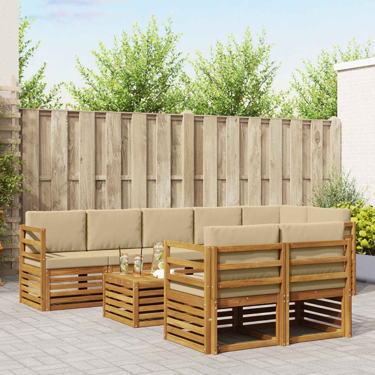 vidaXL Buiten - bank - set - 9 - st - 8-zits - Natuurlijk - en - Beige Natuurlijk en Beige