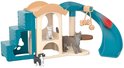 Schleich kattenspeelset met krabpaal, schommel, glijbaan, trappen en vier kattenfiguren.