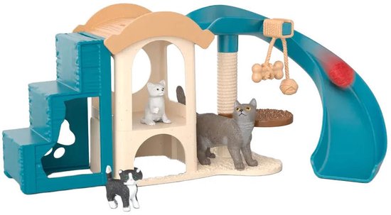 Schleich kattenspeelset met krabpaal, schommel, glijbaan, trappen en vier kattenfiguren.