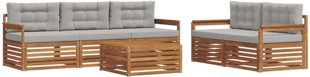 vidaXL Buiten - bank - set - 6 - st - 5-zits - Naturel - en - lichtgrijs Naturel en lichtgrijs